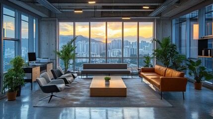 Modern Office Space Interior Design with City View, Natural Light, and Potted Plant