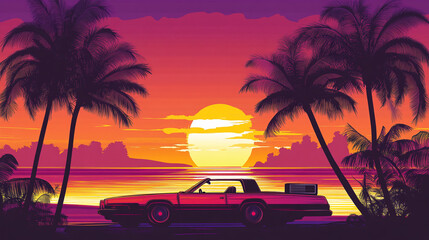 Retro car by the vibrant beach at sunset captures tropical tranquility