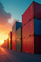 Fototapeta premium Colorful shipping containers stacked under sunset sky, shipping, transportation