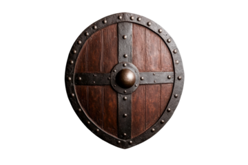 Medieval wooden shield with metal rivets and center boss on black background, cut out