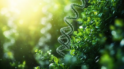 Lush Green Nature Background with DNA Helix Detailed 3D Render of Genetic Code in Vibrant Green Foliage Stunning Natural Science Illustration High    