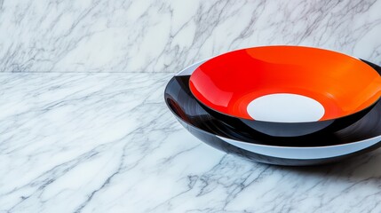 Colorful nested bowls arranged on a marble surface, showcasing modern design aesthetics