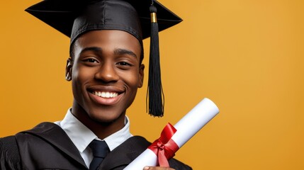 Happy Graduate Celebrating Achievement With Diploma Against Yellow Background In Academic Gown And Cap