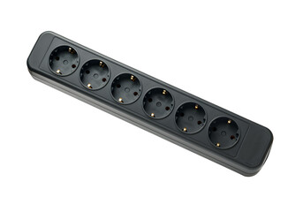 Fototapeta premium A floating power strip with multiple sockets, isolated on a solid white background.