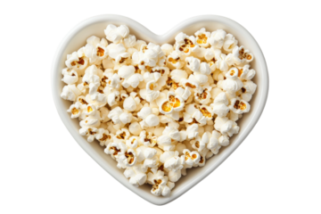 Heart-shaped bowl of popcorn on white surface, cut out