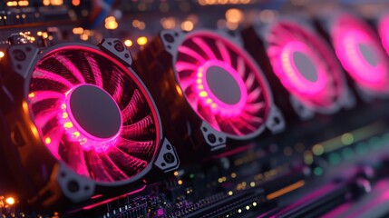 Close-up of three illuminated cooling fans on a graphics card