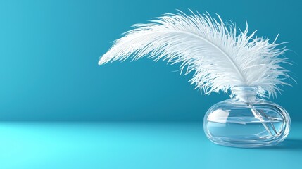 Elegant White Feather in Glass Ink Bottle on Vibrant Blue Background for Creative Inspiration and Vintage Aesthetic