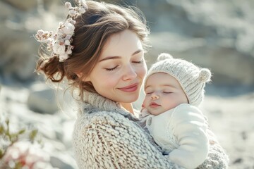 Obraz premium Sleeping Baby. Close-up Portrait of a Beautiful Baby in Peaceful White Environment. Beautiful simple AI generated image