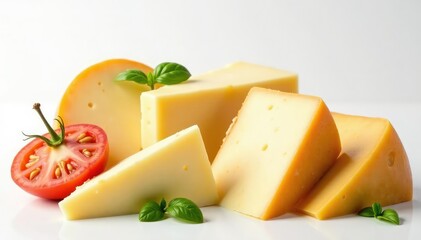 Assortment of Italian cheeses on white backdrop, mozzarella, parmesan, cheeseboard