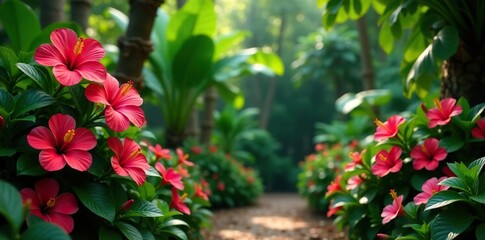 Naklejka premium Lush tropical garden filled with vibrant hibiscus flowers in full bloom surrounded by lush greenery and other flowering plants, outdoor, garden