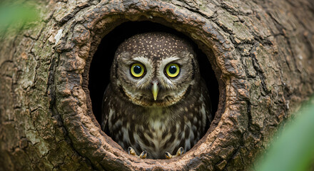 Captivating gaze of a jungle owlet peering out from the tree hollow home