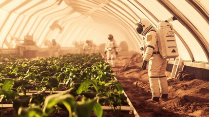 A futuristic AI driven hydroponic farming station on Mars, astronauts tending to genetically modified crops in a self-sustaining habitat, Space tech style
