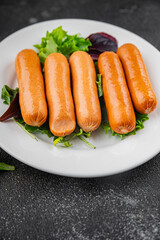Sausages meat tasty fresh delicious gourmet food background table rustic food top view copy space