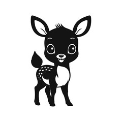 A sleek black and white vector illustration of a baby deer standing gracefully with a joyful face on a white background