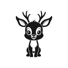 A simple black and white vector silhouette of a baby deer with big eyes and a cheerful smile on a clean white background