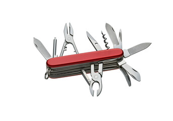 A floating Swiss army knife with multiple tools open, isolated on a solid white background.