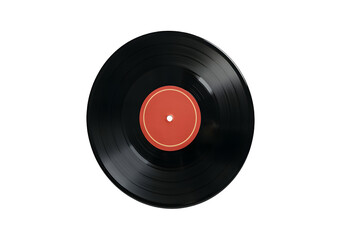 Fototapeta premium A floating vinyl record with a vintage label, isolated on a solid white background.