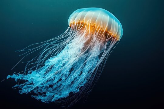 Venomous lion’s mane jellyfish with long, flowing tentacles
