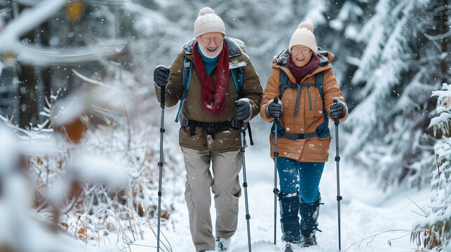 Senior couple with nordic walking poles hiking in snow-covered winter nature