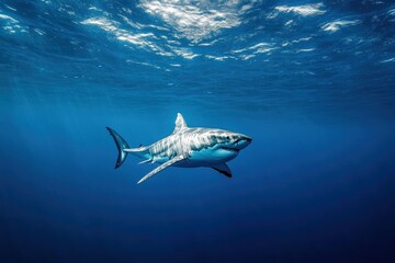 Obraz premium Majestic great white shark swimming in the deep blue ocean 
