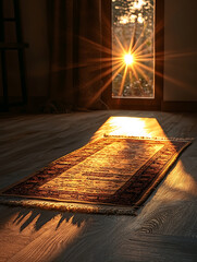 Golden sunlight streams through a window illuminating a patterned rug on a wooden floor creating a warm inviting scene.