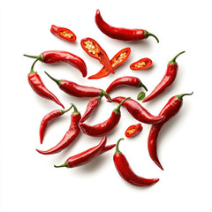 A top view of several red chili peppers and slices on a white background