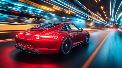 Naklejka premium Red sports car speeds through a tunnel light trails blurring with motion showcasing speed and modern design.
