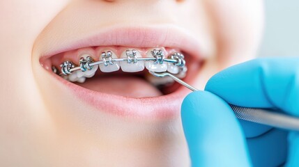 Fototapeta premium A close-up of a person's mouth with braces, showing a dental professional using an instrument for adjustment or cleaning.