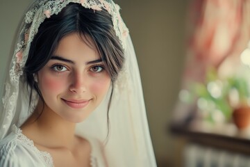 Naklejka premium Happy bride and groom on the day of the wedding ceremony Taking pre-wedding photos. Beautiful simple AI generated image