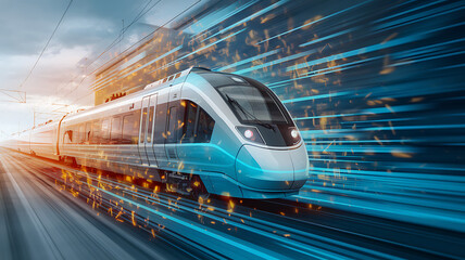 Naklejka premium Sleek modern train speeds forward in a blur of motion streaks of light emphasizing its incredible velocity against a cloudy sky.