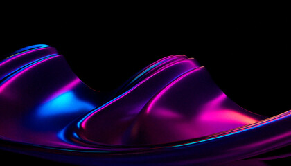 Abstract neon fluid 3D wave with iridescent glossy surface on black background. Futuristic motion shape with vibrant purple, blue and cyan light reflections