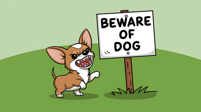Cartoon chihuahua barks aggressively beside a Beware of Dog sign on green grass against a light green background.