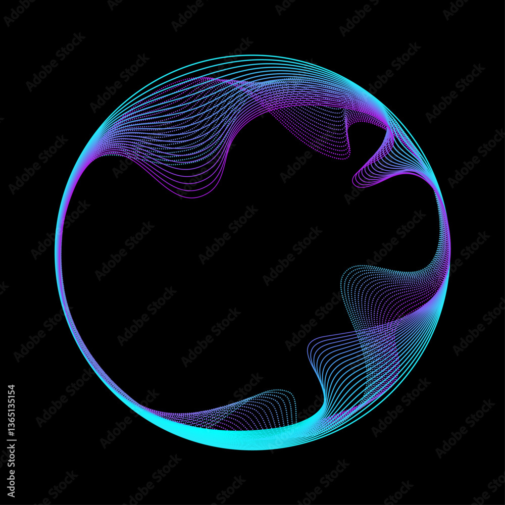 Poster Neon iridescent blend line circle frame. Abstract circular design with flowing wave line and dots in vibrant cyan and purple gradients on a black background.

