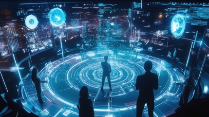 A futuristic AI powered holographic gaming arena, players interacting with fully immersive 3D environments, Entertainment tech style