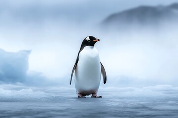 Obraz premium Proud Penguin Standing on the Frozen Shore Near Cold Ocean.