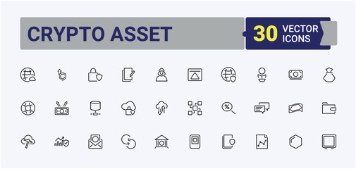 Crypto Asset icon set. Contains such symbols as payment, currency, banking, dollar and more. Crypto Currency modern icon set. Thin outline icons pack. Pixel perfect. Editable stroke.