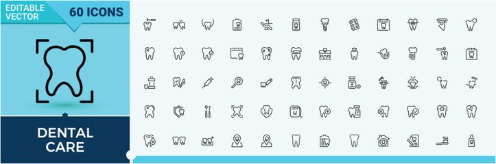 Dental Care modern icon set. Contains such icons as treatment, hospital, tooth, dentist, medical, doctor, oral and more. Dental icon. Expanded stroke icons. Pixel perfect. Vector collections.