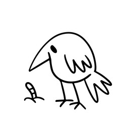 cute bird doodle trying to catch a worm. Vector hand drawn illustration isolated on white background.
