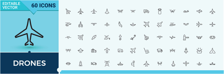 Drones vector line icon set. Contains outline symbols like transport, technology, aviation, aerial, camera and more. Trendy minimal icons. Air icon pack. Vector illustration. Pixel perfect.