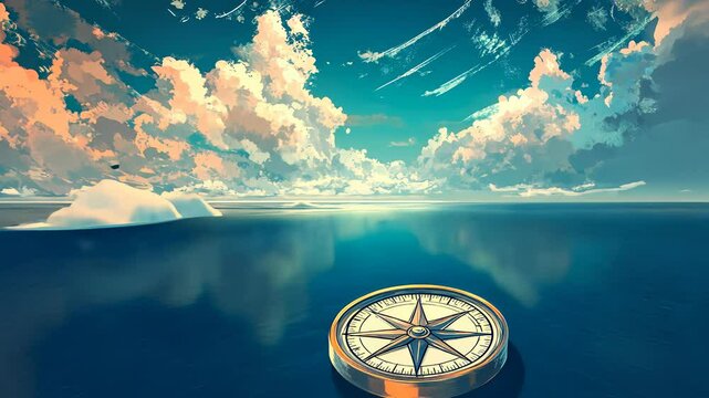 Explore the wonders of the ocean with a compass floating on serene waters under a bright blue sky