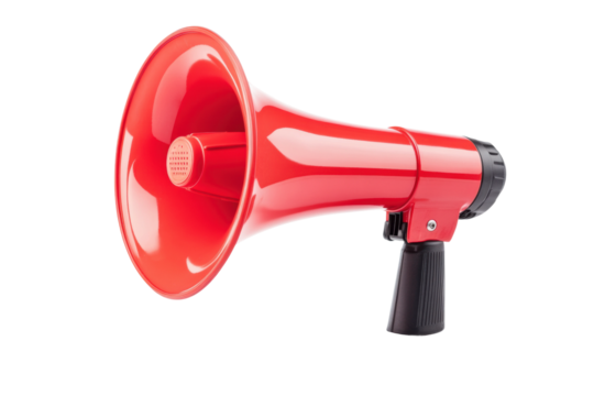 Red megaphone isolated on white background for announcements, cut out