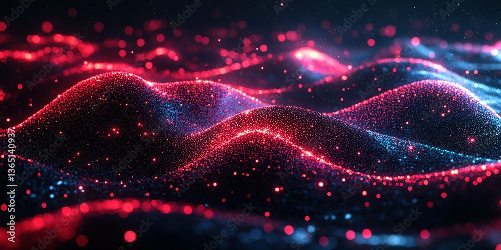 Poster Colorful abstract waves with glowing particles creating a visual effect that simulates movement and depth