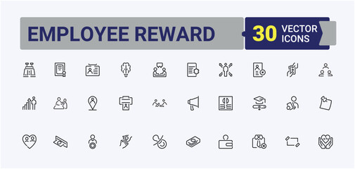 Employee Reward icon set. Contains outline symbols like employee benefit, benefit, bonus, gift, reward and more. Benefits vector line icon set. Web icons pack. Editable vector illustration.