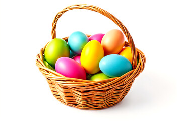 Naklejka premium wicker basket with colorful Easter eggs, on a white background, isolated