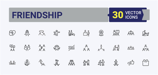 Set of Friendship line icon. Includes symbols for friends, charity, trust, together and more. Outline icons in linear style. Human vector line icon set. Vector illustration.