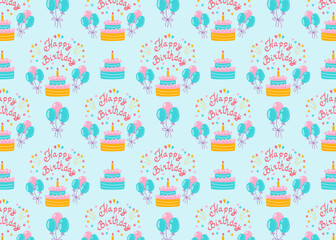 Happy birthday seamless pattern with cake and balloons – vector illustration