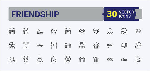 Set of Friendship line icon. Includes symbols for friends, charity, trust, together and more. Outline icons in linear style. Human vector line icon set. Vector illustration.