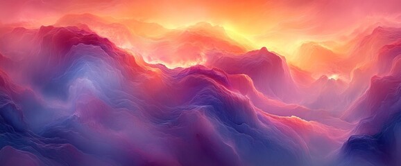 Dreamlike landscape of vibrant, colorful, swirling mountains at sunset