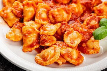 ravioli tomato sauce delicious gourmet food background on the table rustic food top view copy space
