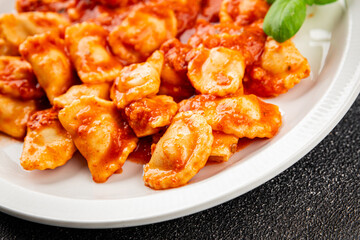 ravioli tomato sauce delicious gourmet food background on the table rustic food top view copy space